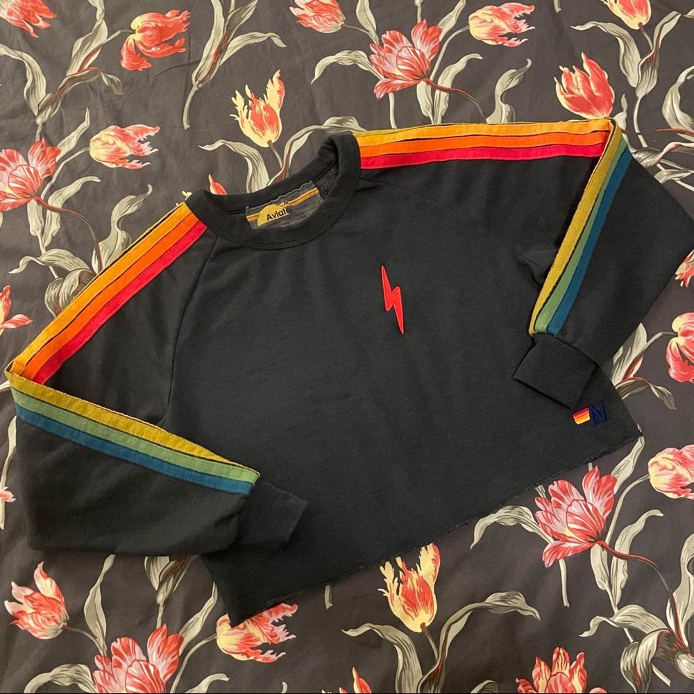 Aviator Nation Bolt Embroidery 6 Stripe Crop Crewneck Sweatshirt Size Medium